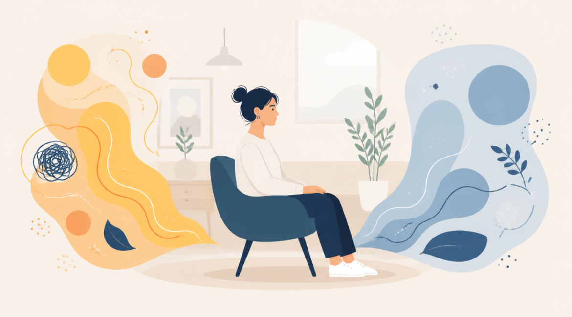 Ilustração de oscilações de humor e cuidado psicológico em saúde mental