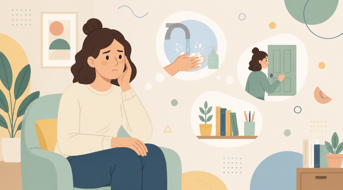 Ilustração de pessoa lidando com pensamentos repetitivos e ansiedade associados ao TOC