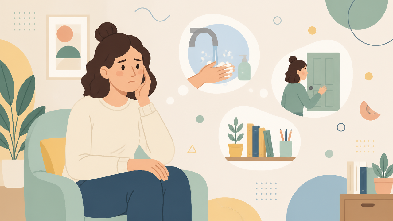 Ilustração de pessoa lidando com pensamentos repetitivos e ansiedade associados ao TOC