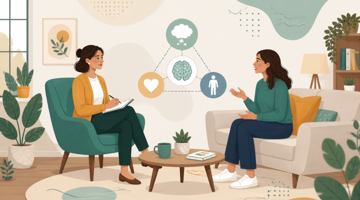 Ilustração de sessão de terapia cognitivo-comportamental em consultório, com psicóloga e paciente conversando.