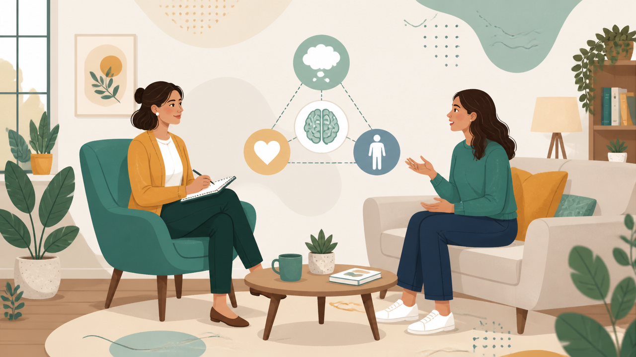 Ilustração de sessão de terapia cognitivo-comportamental em consultório, com psicóloga e paciente conversando.
