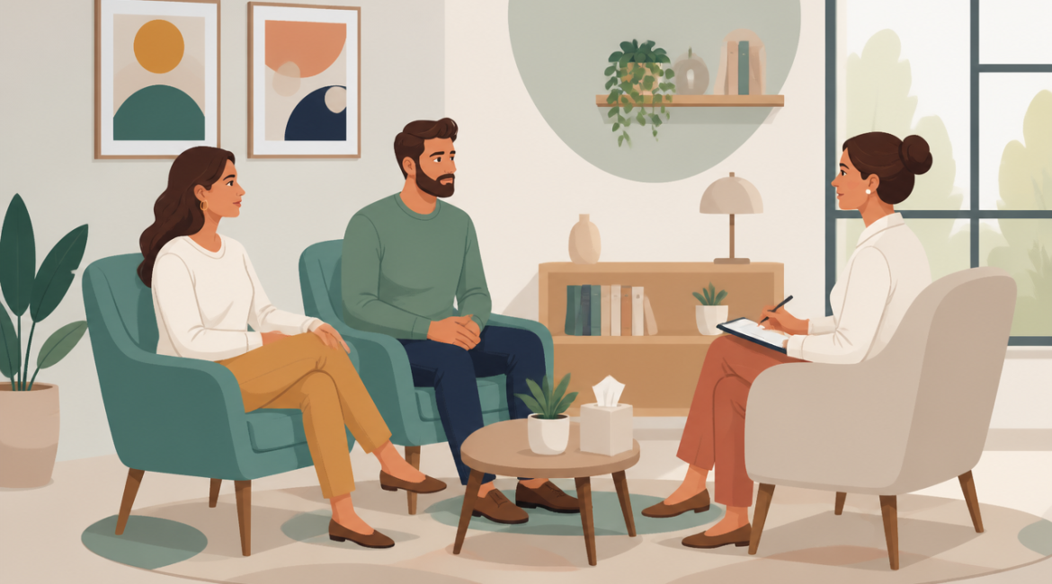 Ilustração de um casal em sessão de terapia com psicóloga em consultório acolhedor
