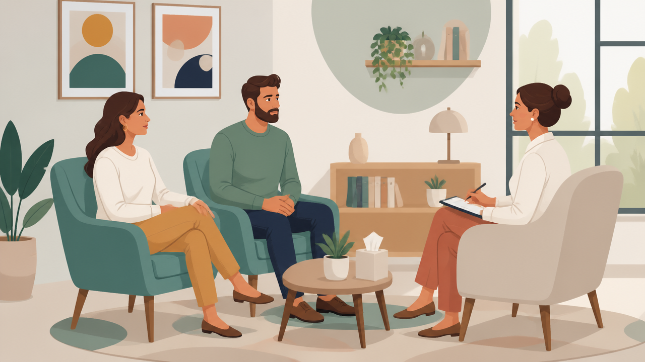 Ilustração de um casal em sessão de terapia com psicóloga em consultório acolhedor