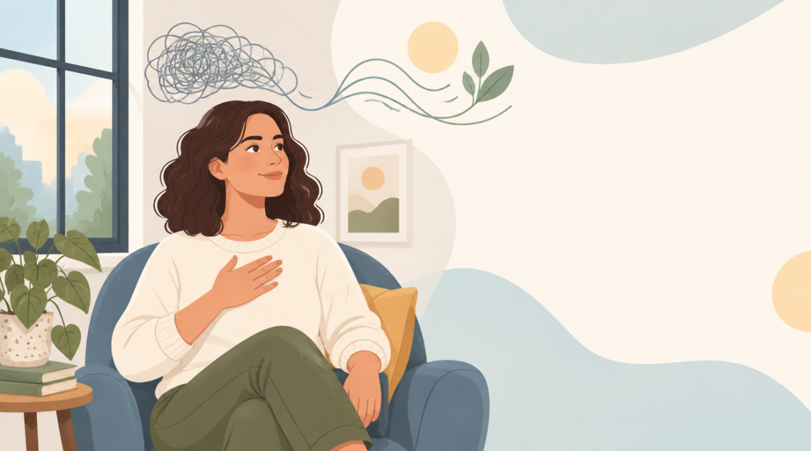 Pessoa reconhecendo sinais de ansiedade em um ambiente acolhedor e buscando equilíbrio emocional