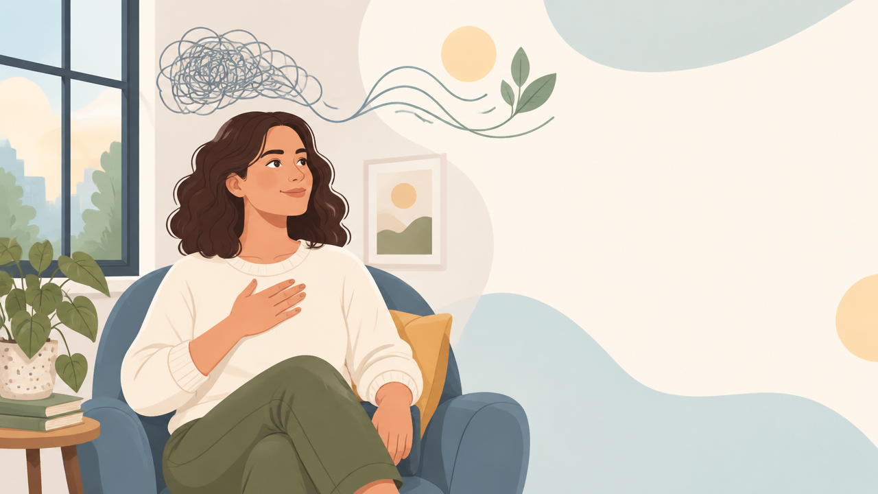 Pessoa reconhecendo sinais de ansiedade em um ambiente acolhedor e buscando equilíbrio emocional